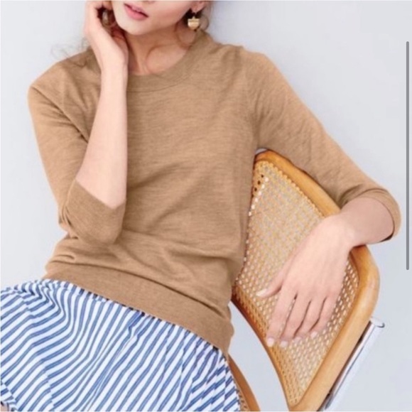 J.CREW Camel Tan 100% Merino Wool Tippi Crewneck Sweater Knit Wardrobe Staple - Picture 2 of 11